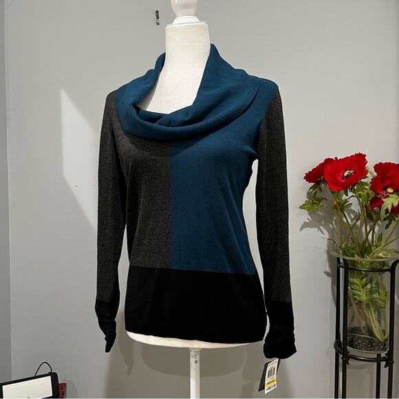 NEW Alfani Colorblock Cowl Neck Ruched Layering Tri-Tone Relaxed Sweater M NWT - Picture 6 of 14